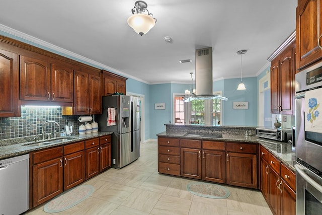 400 Bent Oak Dr, Dothan, AL 36303 - kitchen featuring stainless steel appliances, crown molding, a peninsula, dark stone countertops, and island exhaust hood