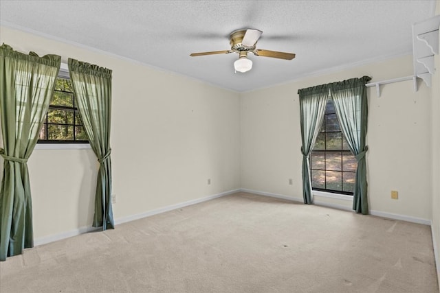 carpeted empty room featuring a textured ceiling, ceiling fan, and ornamental molding