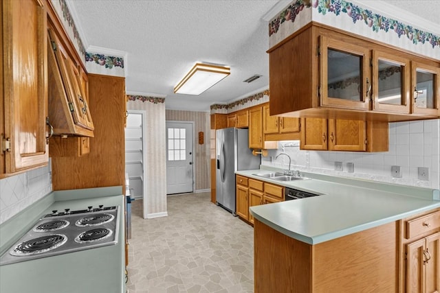 kitchen with crown molding, sink, a textured ceiling, appliances with stainless steel finishes, and kitchen peninsula