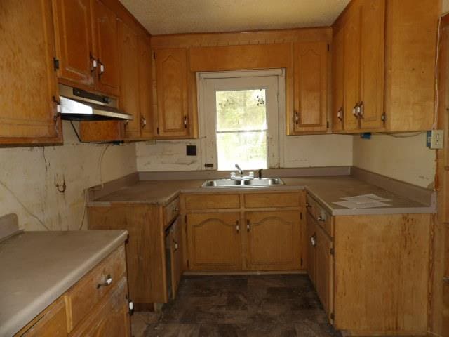 1011 Sunset Blvd, Elba, AL 36323 - kitchen with under cabinet range hood, light countertops, and brown cabinets