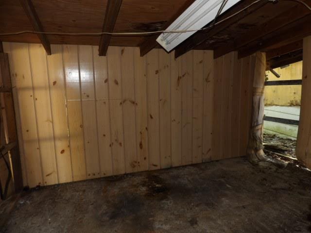 basement featuring wood walls