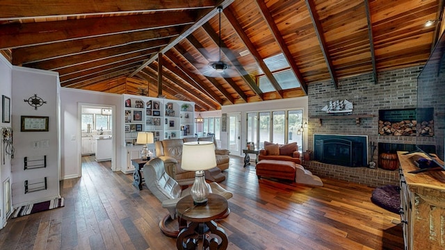 8875 E State Highway 52, Webb, AL 36376 - living area with a fireplace, dark wood-style flooring, baseboards, and wooden ceiling