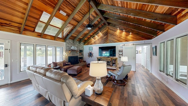 8875 E State Highway 52, Webb, AL 36376 - living room featuring wooden ceiling with exposed beams, hardwood / wood-style flooring, baseboards, a fireplace, and high vaulted ceiling
