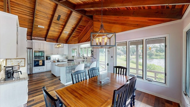 8875 E State Highway 52, Webb, AL 36376 - dining room featuring wood ceiling with exposed beams, dark wood-style flooring, a chandelier, plenty of natural light, and high vaulted ceiling