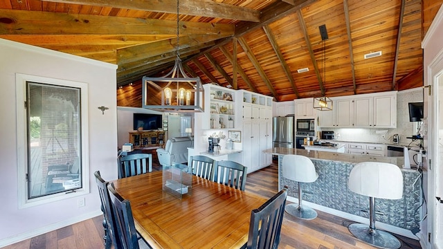 8875 E State Highway 52, Webb, AL 36376 - dining space featuring wood ceiling, dark wood-type flooring, baseboards, and a chandelier