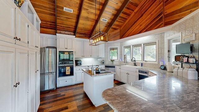 8875 E State Highway 52, Webb, AL 36376 - kitchen featuring appliances with stainless steel finishes, wood ceiling with exposed beams, a sink, white cabinets, and dark wood finished floors