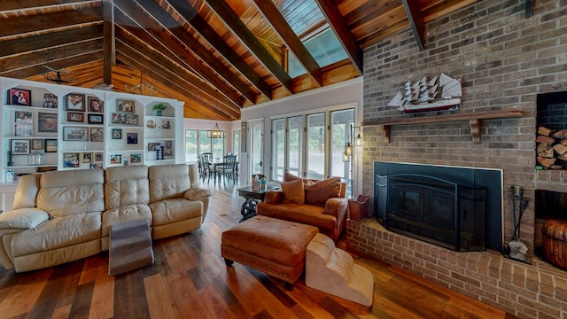 8875 E State Highway 52, Webb, AL 36376 - living room featuring wood ceiling with exposed beams, hardwood / wood-style flooring, a brick fireplace, and high vaulted ceiling