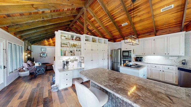 8875 E State Highway 52, Webb, AL 36376 - kitchen featuring stainless steel appliances, open shelves, wood ceiling, wood-type flooring, and white cabinets