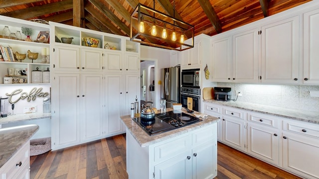 8875 E State Highway 52, Webb, AL 36376 - kitchen featuring wooden ceiling, black appliances, open shelves, dark wood-type flooring, and white cabinets