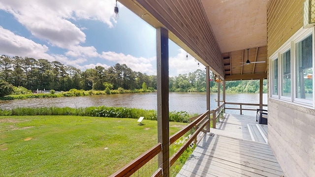 8875 E State Highway 52, Webb, AL 36376 - wooden deck with a lawn, a water view, view of scattered trees, and ceiling fan