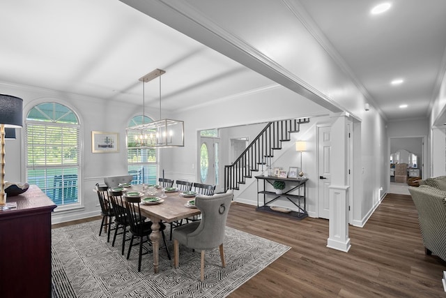 856 S County Rd 49, Dothan, AL 36301 - dining room featuring stairs, wood finished floors, crown molding, wainscoting, and a chandelier
