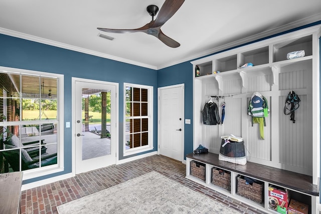 856 S County Rd 49, Dothan, AL 36301 - mudroom with brick flooring, ceiling fan, and crown molding