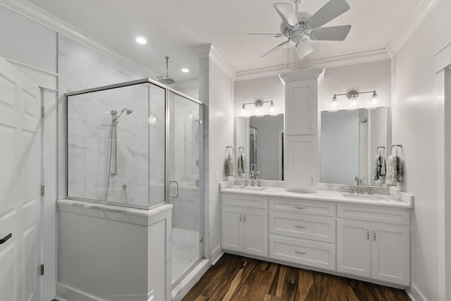 856 S County Rd 49, Dothan, AL 36301 - full bath with ornamental molding, a marble finish shower, wood finished floors, double vanity, and ceiling fan