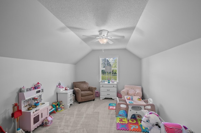 856 S County Rd 49, Dothan, AL 36301 - game room with lofted ceiling, a ceiling fan, light colored carpet, and a textured ceiling