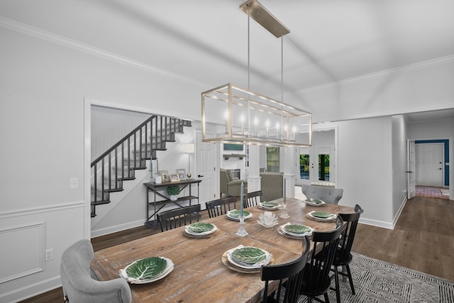 856 S County Rd 49, Dothan, AL 36301 - dining area with ornamental molding, stairway, french doors, wood finished floors, and baseboards