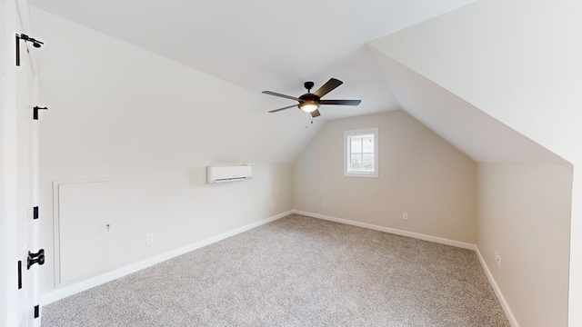 bonus room featuring light colored carpet, a wall unit AC, ceiling fan, and lofted ceiling