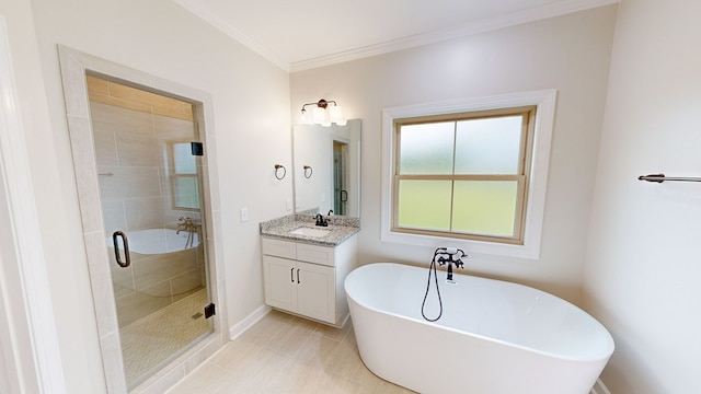 bathroom featuring plus walk in shower, vanity, and ornamental molding