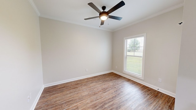 unfurnished room with crown molding, hardwood / wood-style floors, and ceiling fan