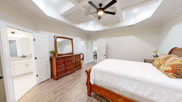 bedroom featuring ensuite bathroom, crown molding, ceiling fan, and coffered ceiling