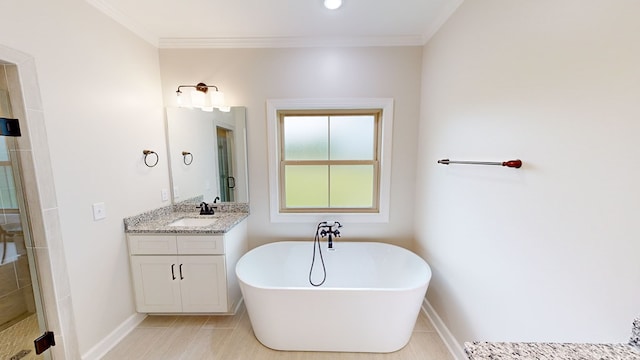 bathroom with vanity, crown molding, and plus walk in shower