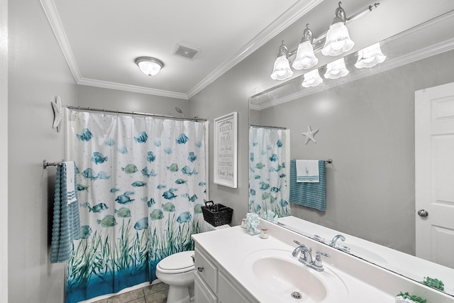 404 Powder Horn Dr, Midland City, AL 36350 - bathroom with vanity, a shower with curtain, toilet, ornamental molding, and visible vents