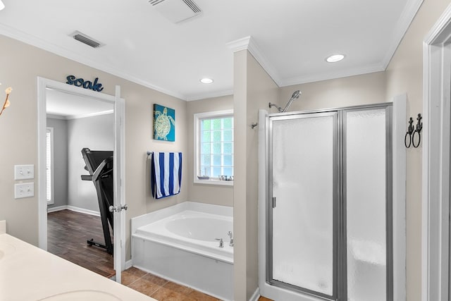 404 Powder Horn Dr, Midland City, AL 36350 - full bath featuring a bath, crown molding, visible vents, and a stall shower