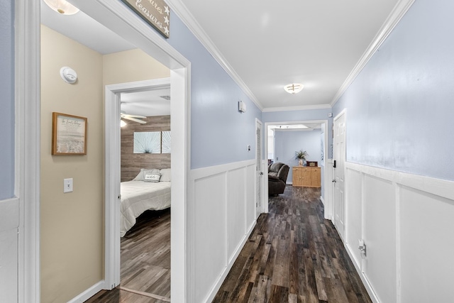 404 Powder Horn Dr, Midland City, AL 36350 - corridor featuring a decorative wall, a wainscoted wall, dark wood-style floors, and ornamental molding