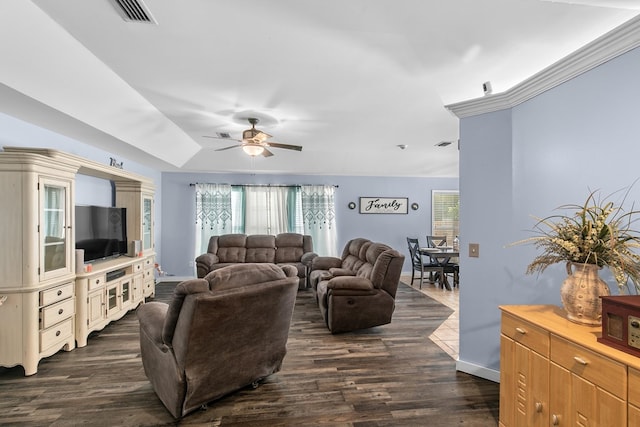 404 Powder Horn Dr, Midland City, AL 36350 - living room with baseboards, visible vents, dark wood-type flooring, and ceiling fan