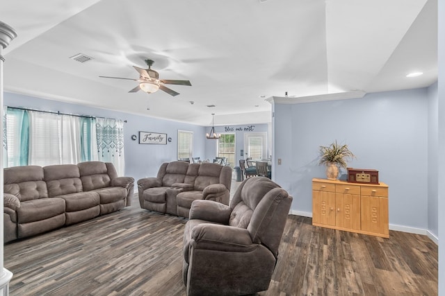 404 Powder Horn Dr, Midland City, AL 36350 - living area featuring visible vents, baseboards, recessed lighting, ceiling fan, and dark wood-type flooring