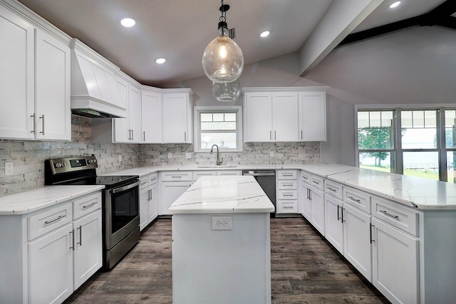 1272 Otho Rd, Abbeville, AL 36310 - kitchen featuring stainless steel appliances, a peninsula, custom range hood, white cabinets, and recessed lighting
