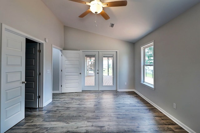 1272 Otho Rd, Abbeville, AL 36310 - spare room with french doors, vaulted ceiling, a ceiling fan, and dark wood-style flooring