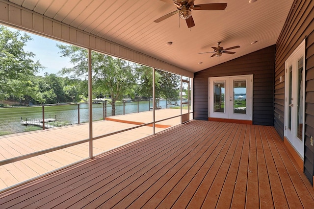 1272 Otho Rd, Abbeville, AL 36310 - wooden terrace featuring french doors, a water view, a ceiling fan, and view of scattered trees