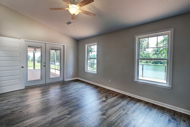 1272 Otho Rd, Abbeville, AL 36310 - unfurnished room with french doors, lofted ceiling, plenty of natural light, dark wood-style flooring, and ceiling fan