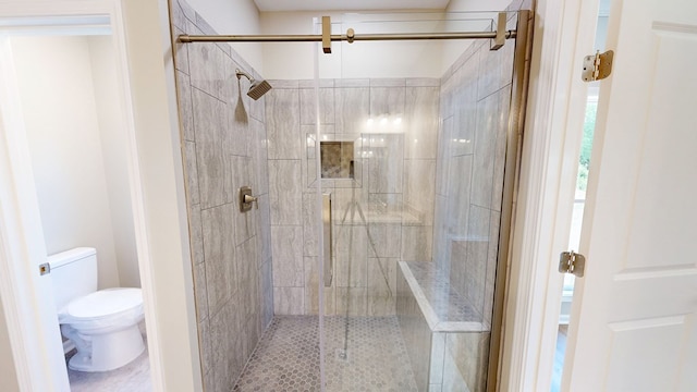 bathroom with a shower stall and toilet