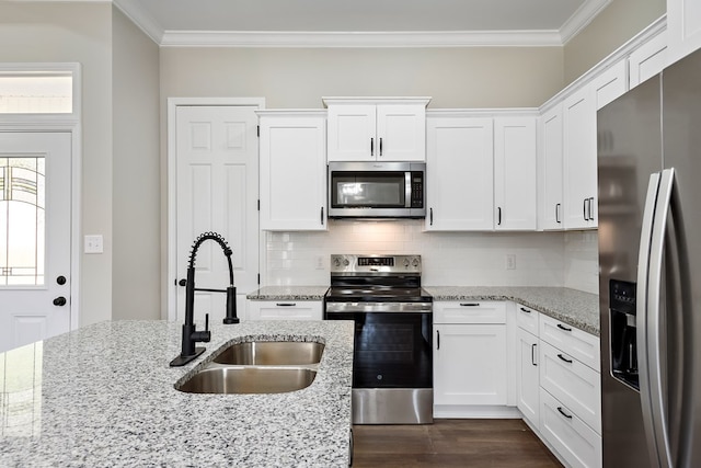 kitchen featuring appliances with stainless steel finishes, a sink, and light stone countertops