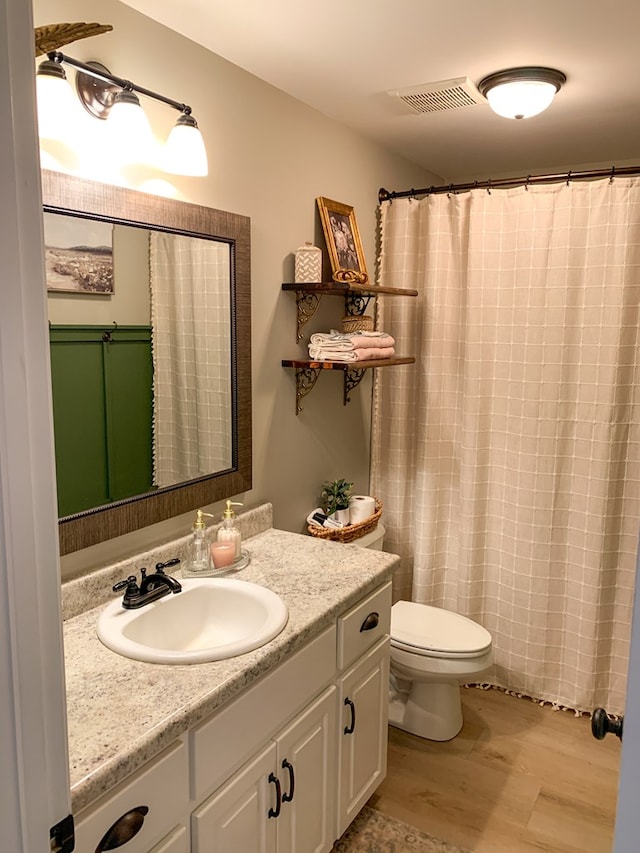 202 Moonlight Ln, Midland City, AL 36350 - bathroom with vanity, wood finished floors, and a shower with curtain
