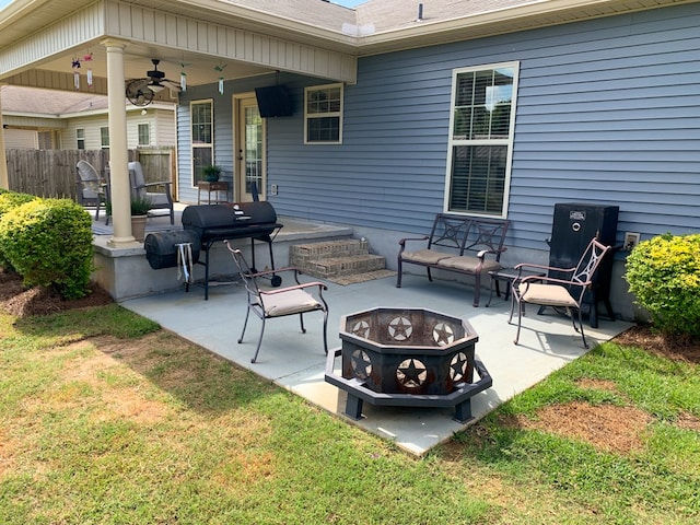 202 Moonlight Ln, Midland City, AL 36350 - view of patio featuring a fire pit and a ceiling fan