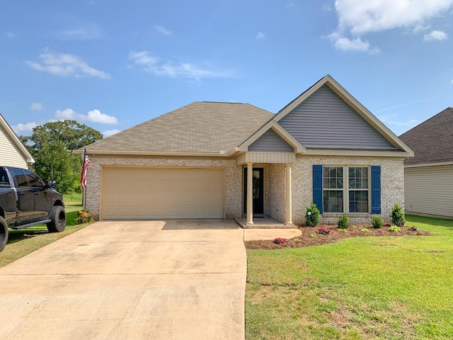202 Moonlight Ln, Midland City, AL 36350 - view of front of property with brick siding, a garage, driveway, a front lawn, and a shingled roof