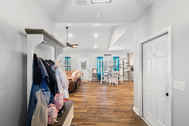 mudroom featuring ceiling fan, recessed lighting, wood finished floors, visible vents, and vaulted ceiling