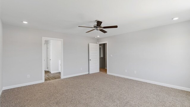 unfurnished bedroom with carpet and ceiling fan