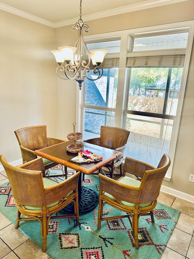 tiled dining room featuring ornamental molding and a notable chandelier