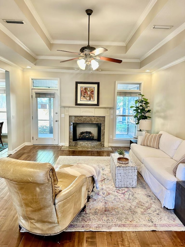 living room featuring hardwood / wood-style floors, a raised ceiling, a fireplace, and ornamental molding