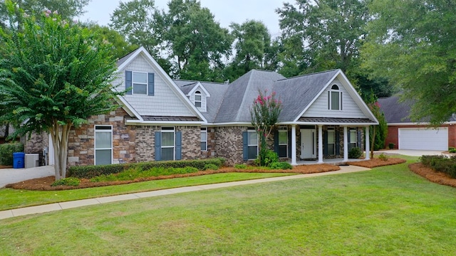 view of front of property featuring covered porch and a front lawn