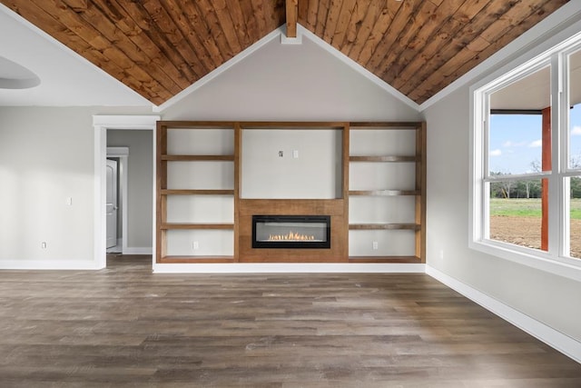 unfurnished living room with dark hardwood / wood-style flooring, vaulted ceiling with beams, and wood ceiling