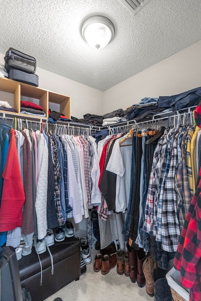 walk in closet with carpet flooring