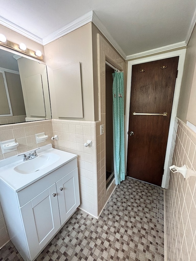 2203 Stonebridge Rd, Dothan, AL 36301 - full bath featuring tile walls, vanity, tile patterned floors, a stall shower, and crown molding