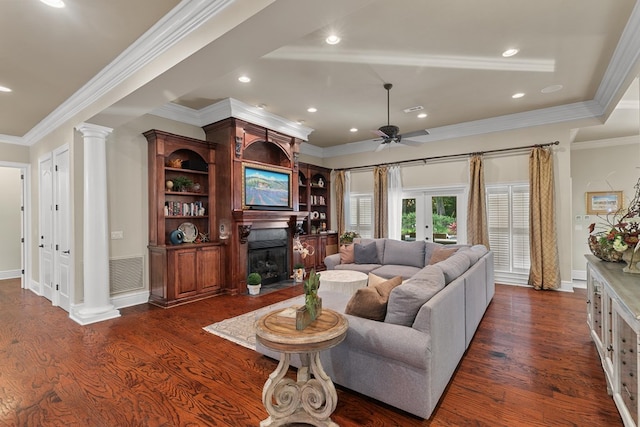 203 Liveoak Trl, Dothan, AL 36305 - living room featuring a fireplace with flush hearth, dark wood-type flooring, a ceiling fan, ornamental molding, and recessed lighting