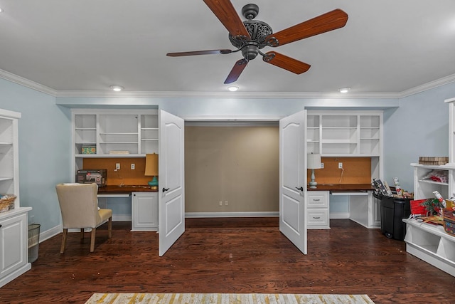 203 Liveoak Trl, Dothan, AL 36305 - unfurnished office featuring built in desk, ornamental molding, a ceiling fan, dark wood-style flooring, and baseboards