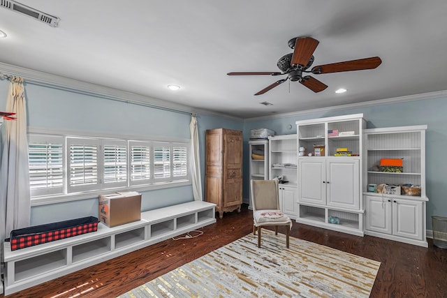 203 Liveoak Trl, Dothan, AL 36305 - living area featuring ornamental molding, a ceiling fan, wood finished floors, and recessed lighting