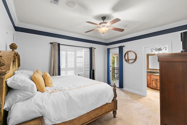 203 Liveoak Trl, Dothan, AL 36305 - bedroom with crown molding, light carpet, access to outside, a ceiling fan, and connected bathroom